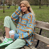 Lizakosht Floral Blue Top 90s Oversized Sweater Women O Neck Casual Pullover Loose Fashion Knitted Sweaters Vintage Winter Streetwear